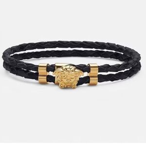 VERSACE BLACK & GOLD MEDUSA BRAIDED LEATHER BRACELET. EUC! Unisex. Retail $275